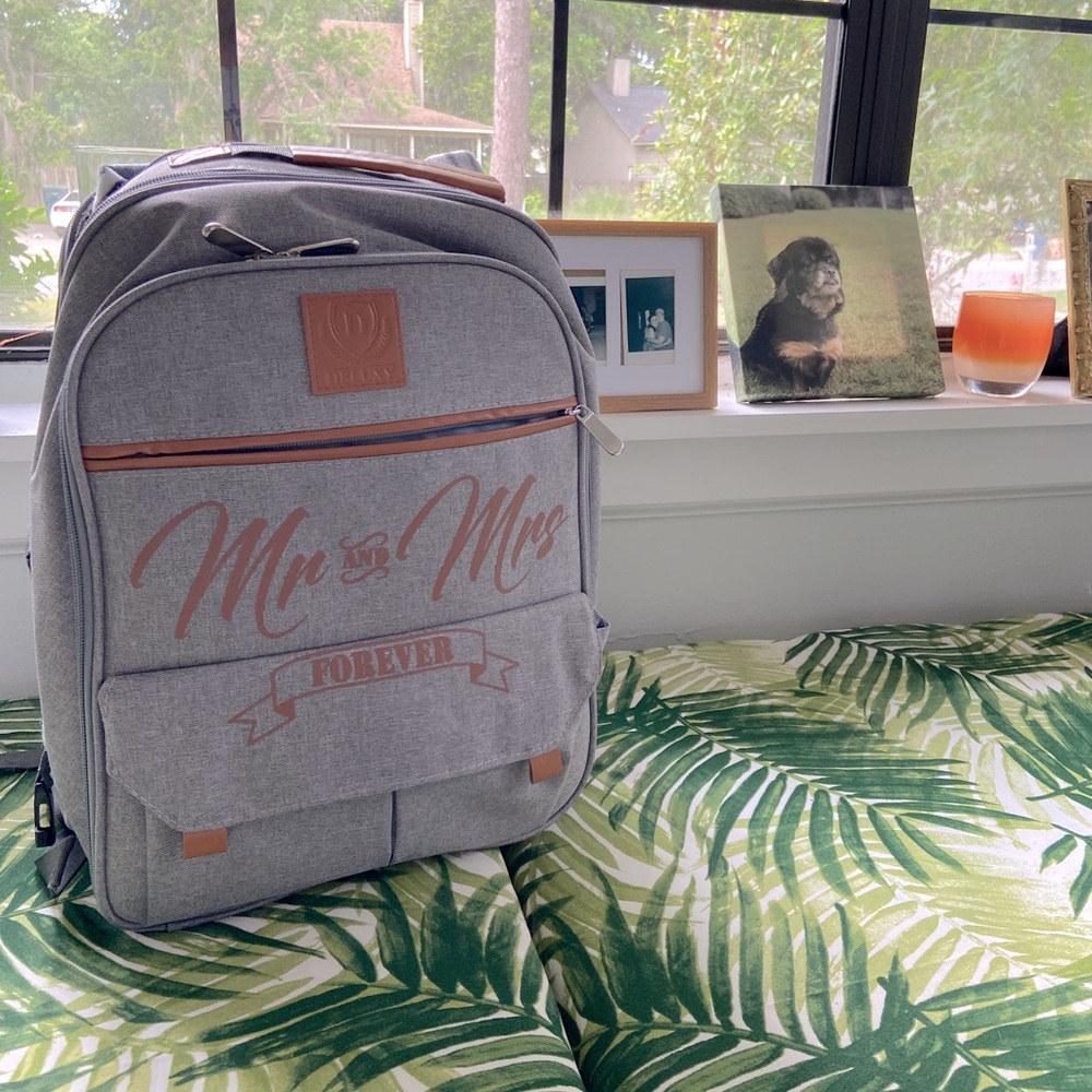 Newlywed cooler backpack. Includes picnic blanket and on the go utensils.New.